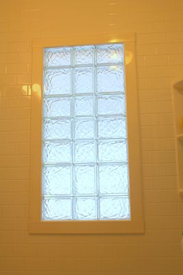 Glass block in bathroom with marble ice