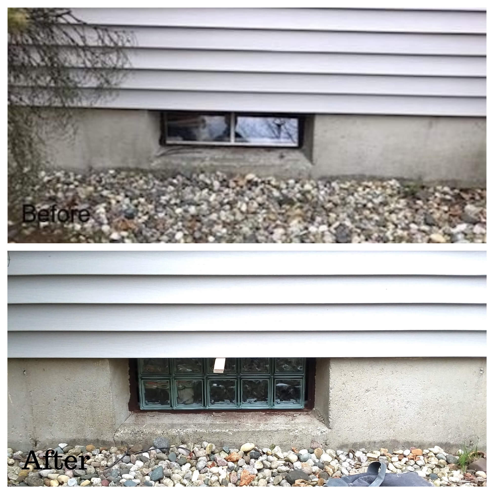 Before and After basement custom glass block