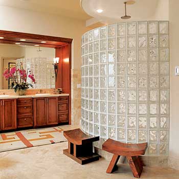 custom glass block window wall in bathroom