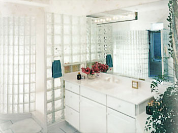 custom glass block display in bath