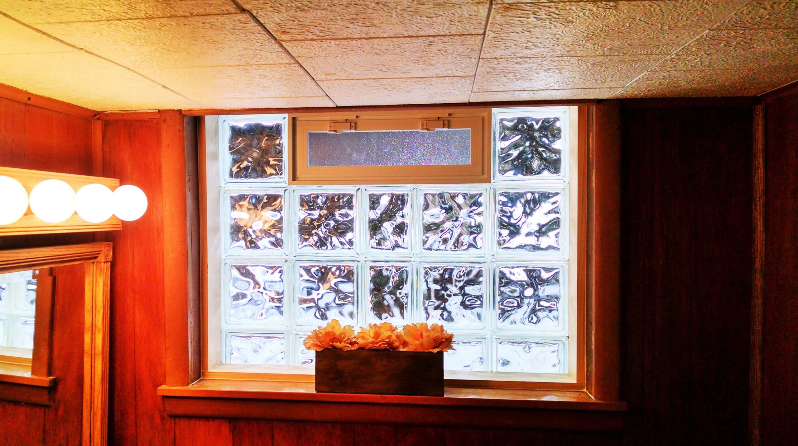 Glass block window in a basement bathroom