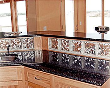 Glass block installation above kitchen counter